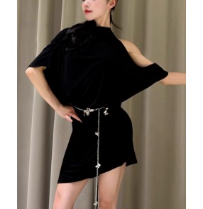 Women latin dance dresses black leopard one shoulder turtle neck loose salsa rumba chacha performance tops one size